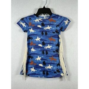 Little Girl Horse Dress with Side Fringe Size 3T Blue Cream Brown Western